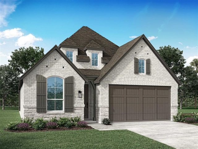 french country style house featuring a garage and a front lawn