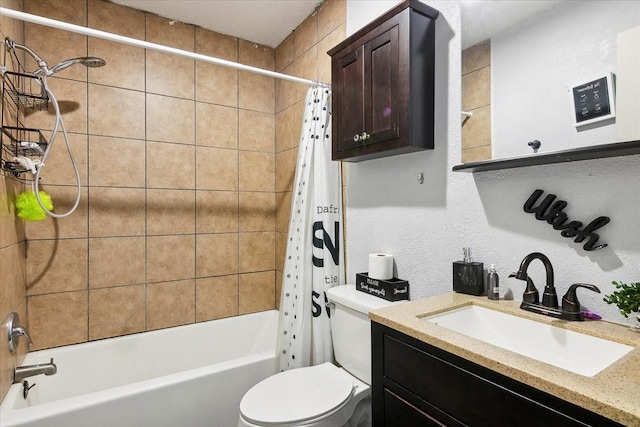 full bathroom with shower / bath combo with shower curtain, vanity, and toilet