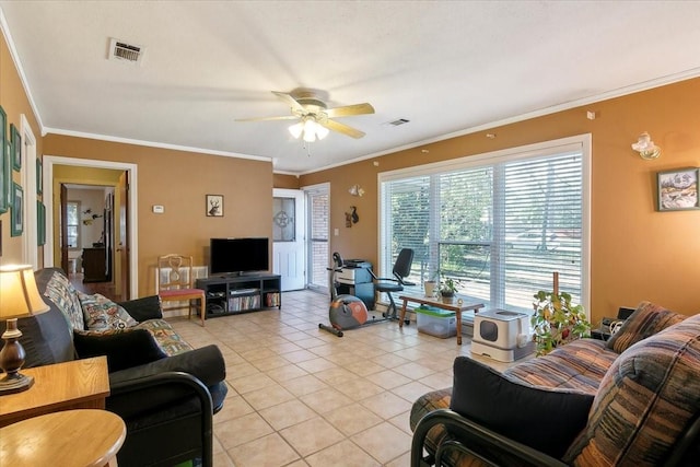 tiled living room with ceiling fan and ornamental molding