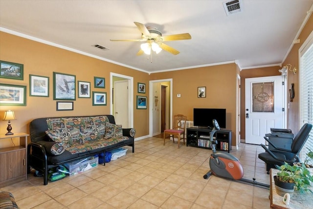 living room featuring ceiling fan and ornamental molding