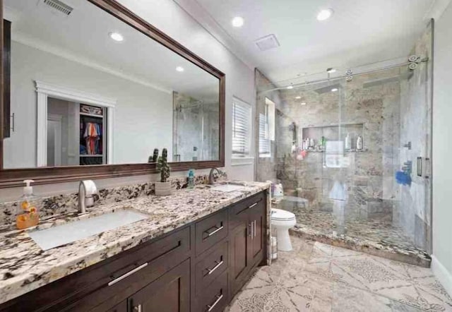 bathroom featuring vanity, an enclosed shower, and toilet