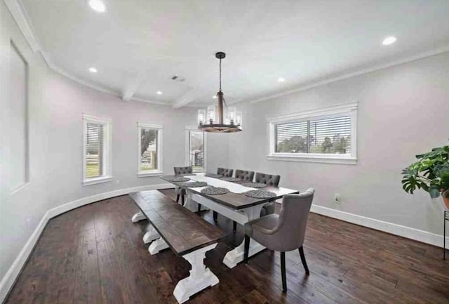 dining area with beamed ceiling, dark hardwood / wood-style flooring, crown molding, and an inviting chandelier