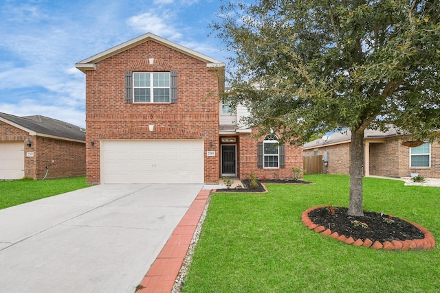 view of property featuring a front lawn and a garage