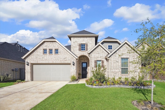 view of front of house featuring a garage and a front lawn