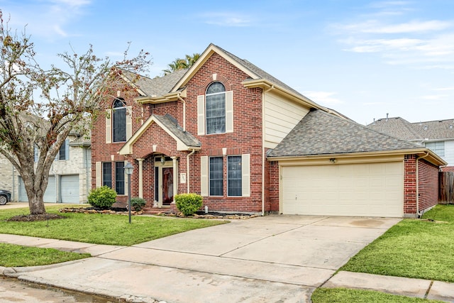 traditional-style home featuring a garage, brick siding, driveway, roof with shingles, and a front yard