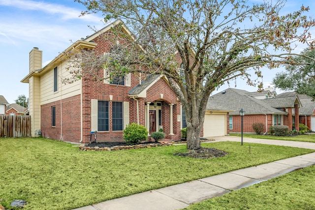 traditional home with driveway, brick siding, a chimney, fence, and a front yard