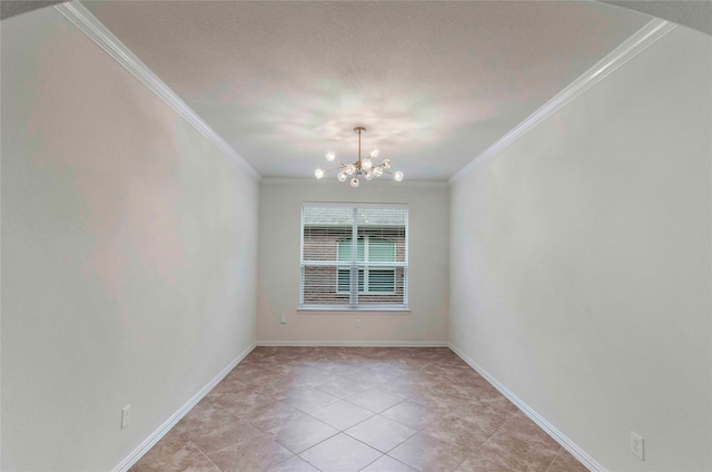 spare room with light tile patterned floors, crown molding, and an inviting chandelier