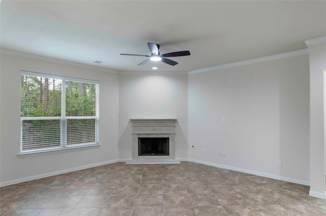 unfurnished living room featuring ceiling fan and crown molding