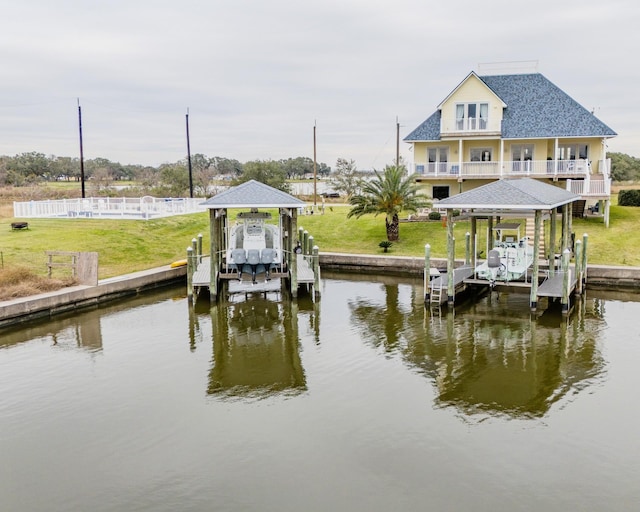 view of dock featuring a water view and a balcony