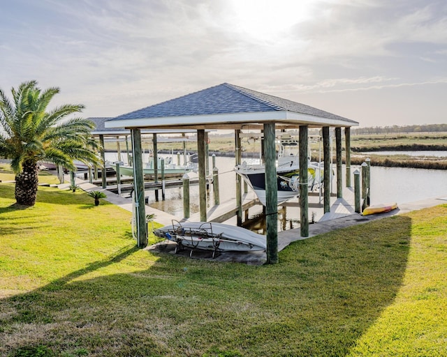 view of dock featuring a water view and a lawn