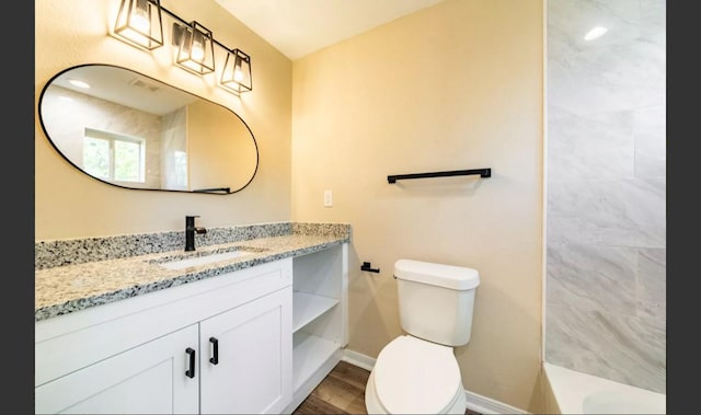 bathroom with vanity, wood-type flooring, and toilet