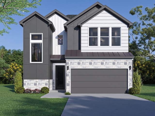 view of front of home with stone siding, a front lawn, board and batten siding, and driveway