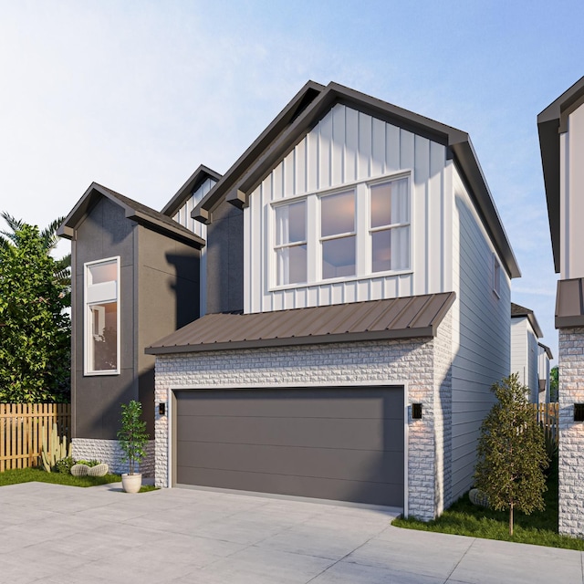 view of front of house with board and batten siding, fence, concrete driveway, metal roof, and an attached garage