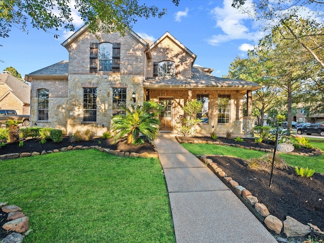 french provincial home with a front lawn