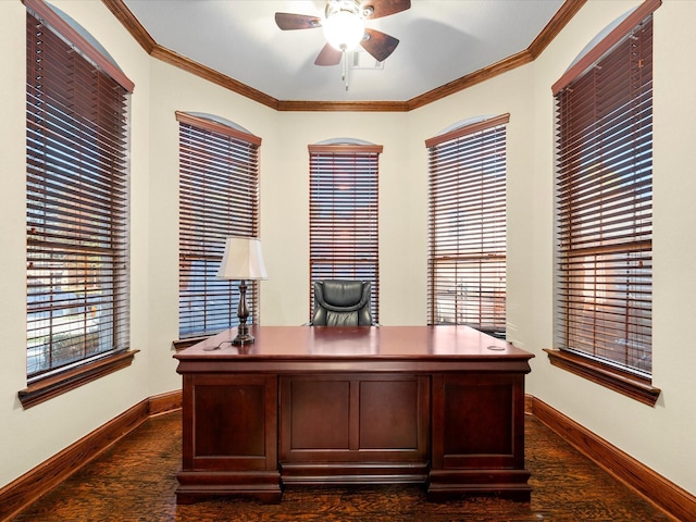 office area featuring dark wood-type flooring, ceiling fan, and ornamental molding