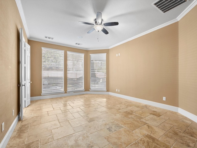 unfurnished room featuring ornamental molding and ceiling fan