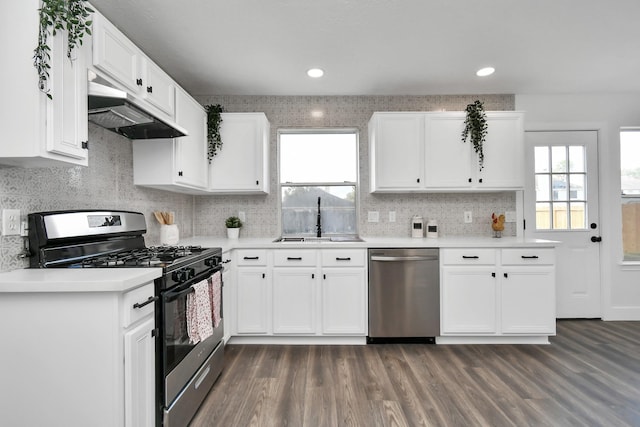 kitchen with white cabinets, stainless steel appliances, dark wood-type flooring, and sink