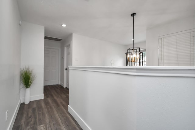 hallway featuring dark hardwood / wood-style flooring and an inviting chandelier