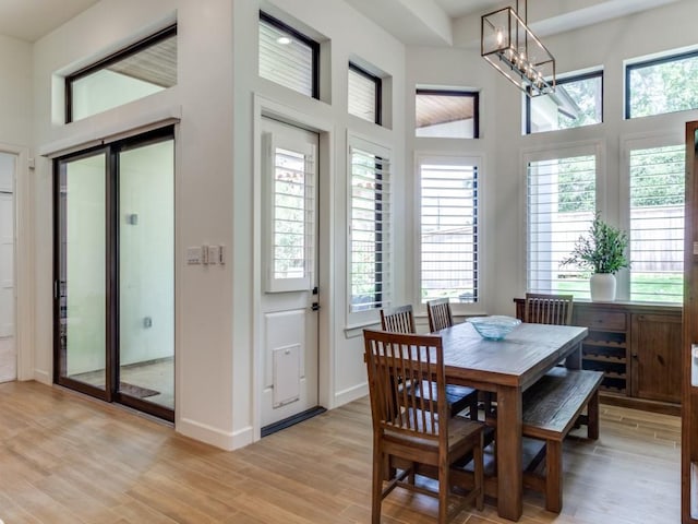 dining room with light hardwood / wood-style flooring and a chandelier