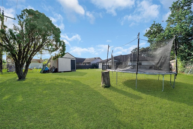 view of yard featuring a storage unit and a trampoline