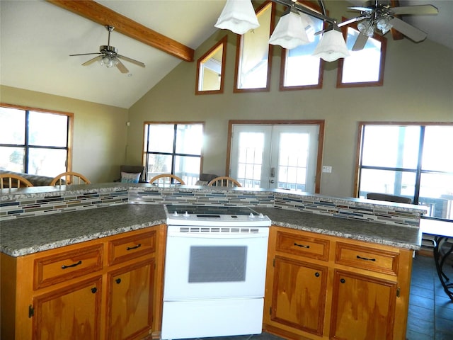 kitchen with kitchen peninsula, ceiling fan, beam ceiling, high vaulted ceiling, and white electric stove