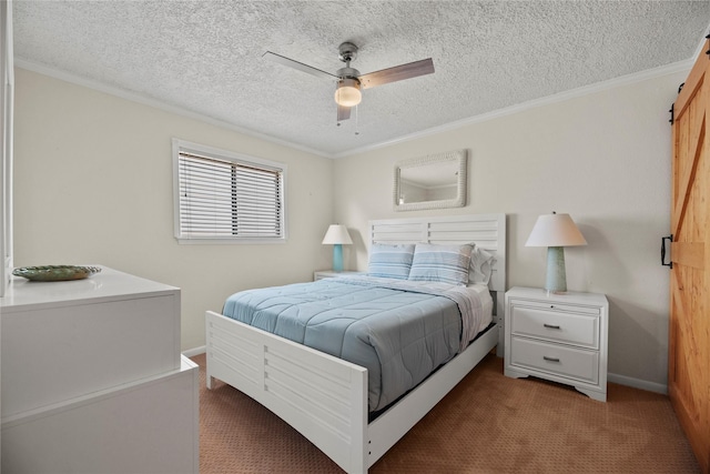 bedroom with ceiling fan, light carpet, a textured ceiling, and ornamental molding