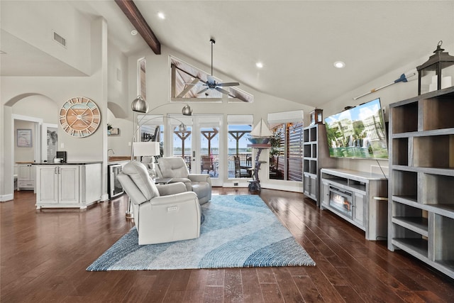 living room featuring french doors, dark hardwood / wood-style flooring, ceiling fan, beam ceiling, and wine cooler