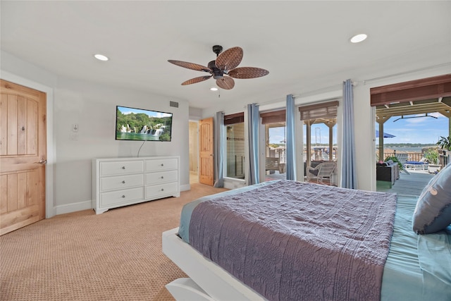 carpeted bedroom with access to exterior and ceiling fan