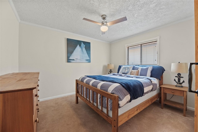 bedroom with ceiling fan, light carpet, a textured ceiling, and ornamental molding