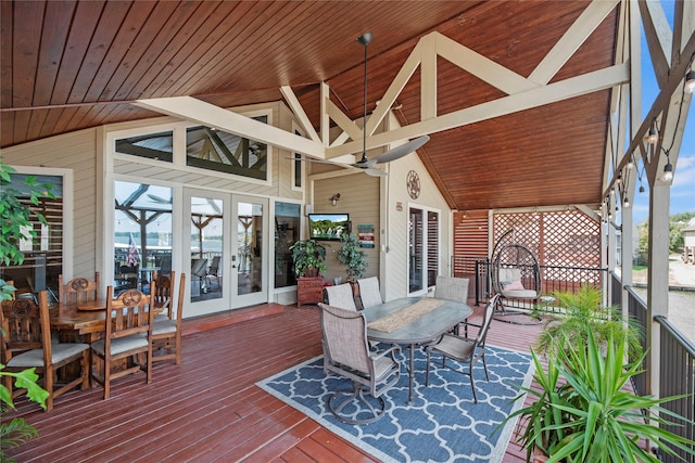 deck with ceiling fan and french doors