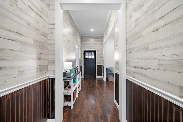 interior space featuring wooden walls, dark hardwood / wood-style floors, and ornamental molding