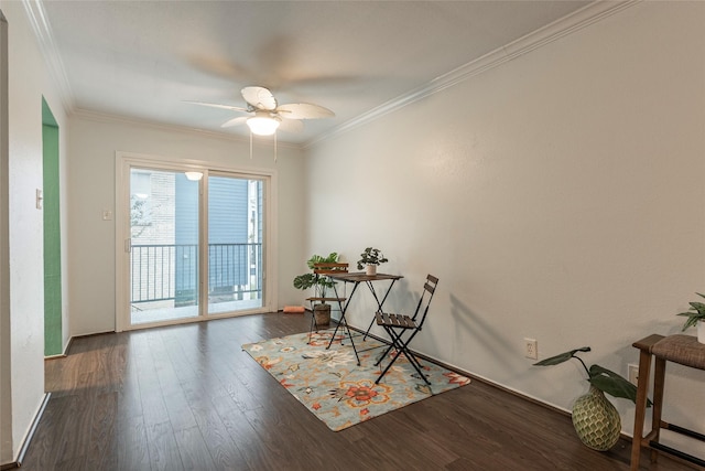 living area with ceiling fan, dark hardwood / wood-style flooring, and crown molding