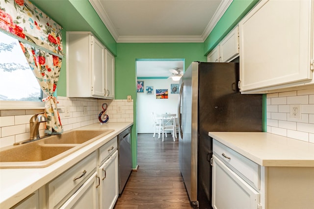 kitchen with ceiling fan, white cabinetry, sink, and appliances with stainless steel finishes