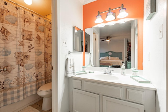 full bathroom featuring shower / bath combo, tile patterned floors, vanity, ceiling fan, and toilet