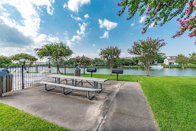 view of patio / terrace with a water view