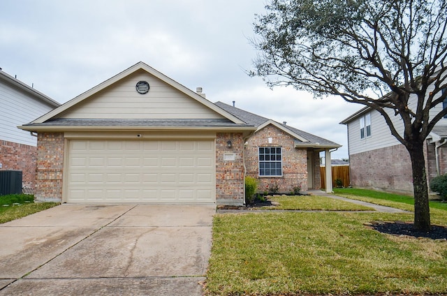 single story home with a garage, a front lawn, and central air condition unit