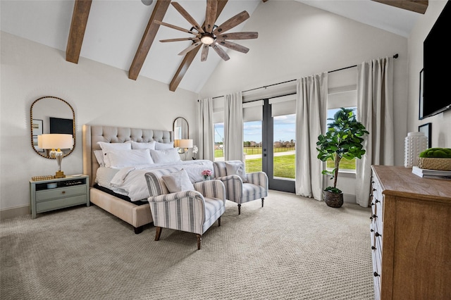 bedroom featuring high vaulted ceiling, light carpet, ceiling fan, and beamed ceiling