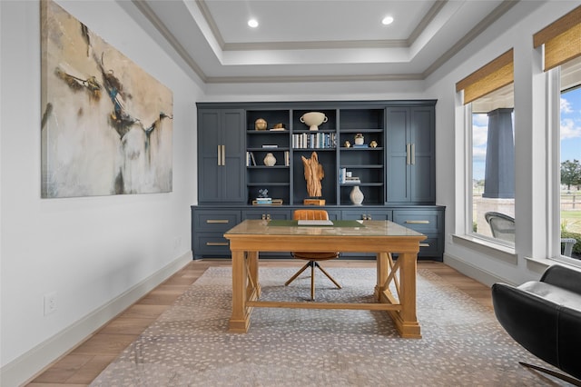 office area with a raised ceiling, ornamental molding, and wood-type flooring