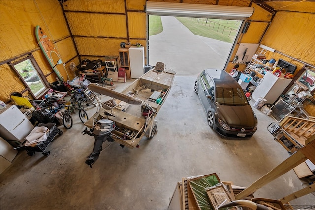 garage with a workshop area