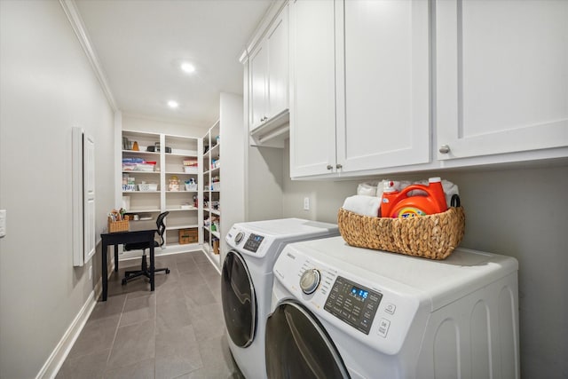 laundry room with crown molding, cabinets, and independent washer and dryer