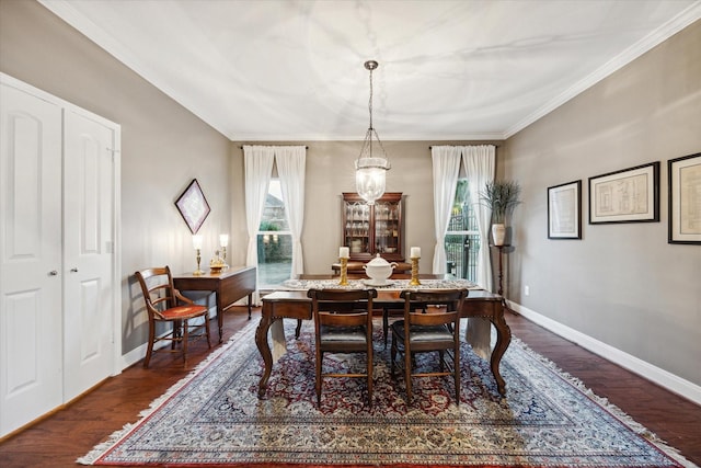 dining room with dark hardwood / wood-style flooring and ornamental molding