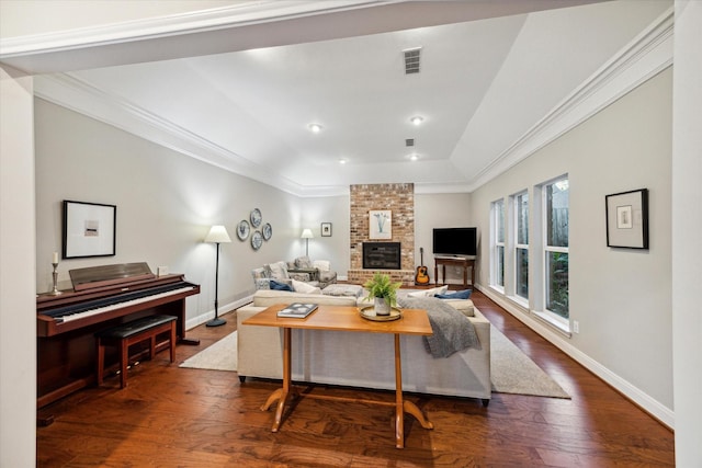 living room featuring a raised ceiling, dark hardwood / wood-style flooring, and a fireplace