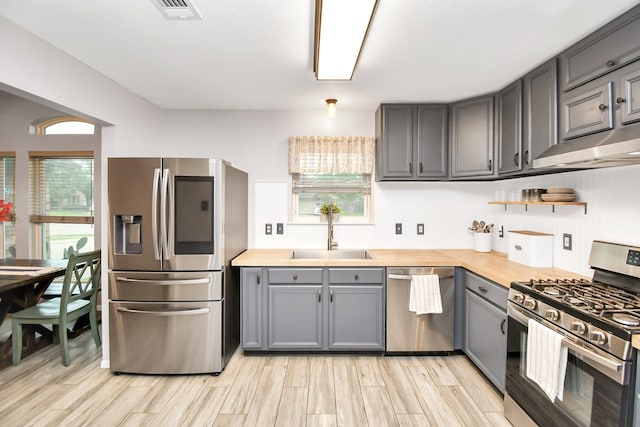 kitchen with sink, butcher block countertops, light hardwood / wood-style floors, extractor fan, and appliances with stainless steel finishes