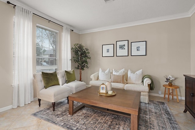 living room with crown molding and light tile patterned flooring