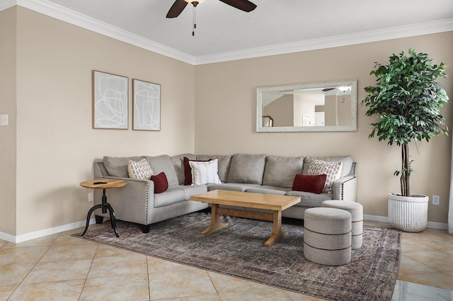 tiled living room with crown molding and ceiling fan