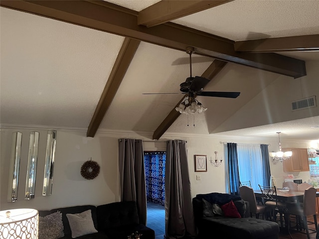 living room featuring ceiling fan with notable chandelier and vaulted ceiling with beams