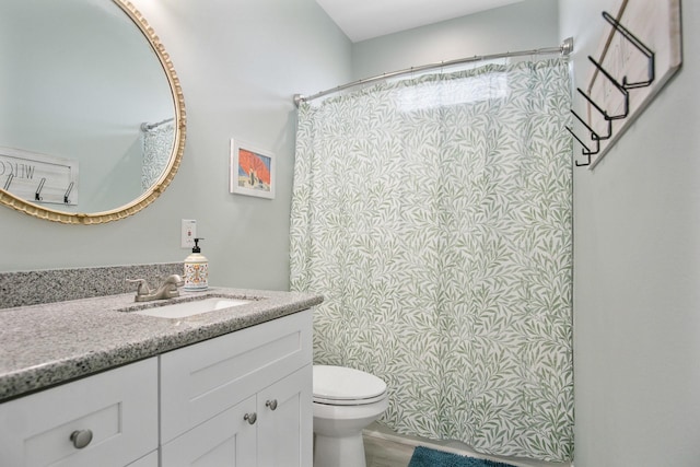 bathroom featuring a shower with shower curtain, vanity, and toilet