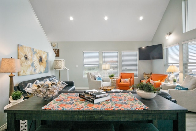 living room featuring hardwood / wood-style floors and high vaulted ceiling