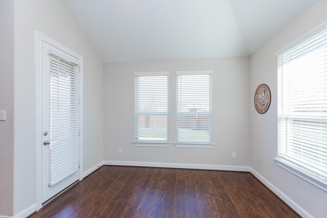 empty room with vaulted ceiling, a wealth of natural light, and dark hardwood / wood-style floors