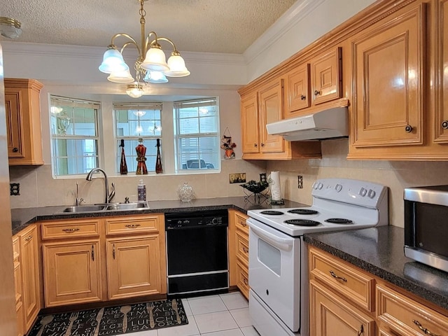 kitchen with sink, a textured ceiling, black dishwasher, and electric stove